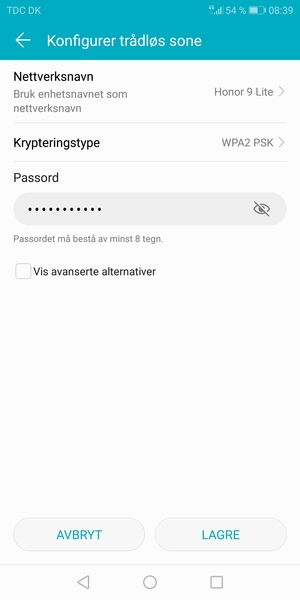 Skriv inn et Wi-Fi hotspot-passord på minst 8 tegn og velg LAGRE