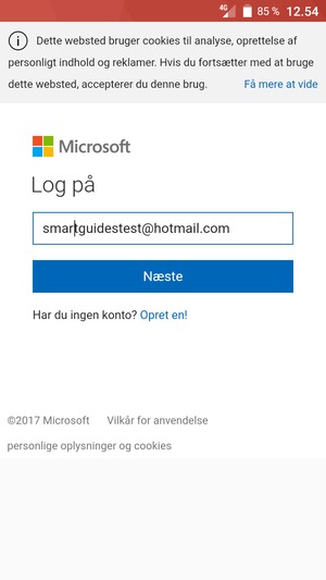 Indtast din e-mailadresse og vælg Næste