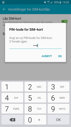 Skriv inn Ny PIN-kode for SIM-kort og velg OK