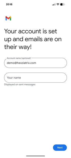 Give your account a name and enter your name. Select Next