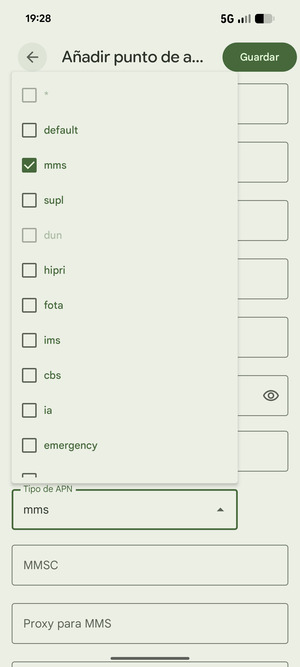 Marque la casilla de verificación mms