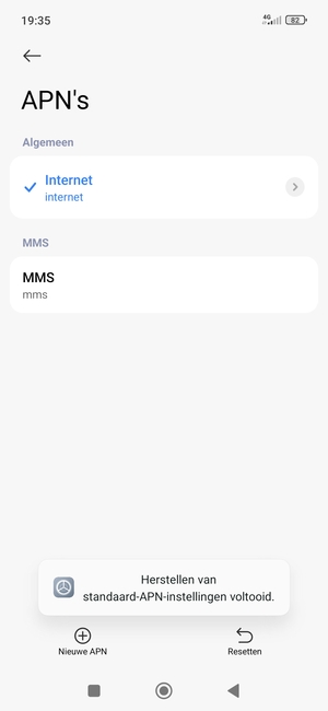 Uw telefoon wordt teruggezet naar standaard internet- en mms-instellingen