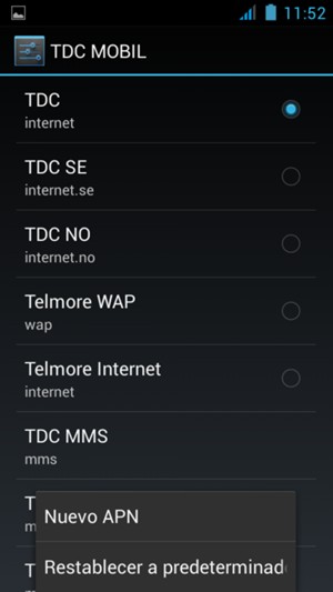 Si la pantalla tiene este aspecto, seleccione el botón Menú en el teléfono y seleccione Nuevo APN