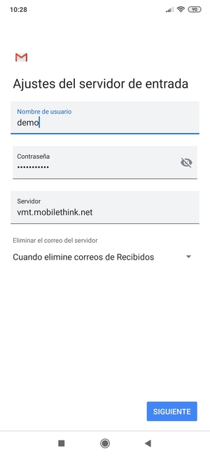 Introduzca Nombre de usuario y la dirección de servidor entrante. Seleccione SIGUIENTE