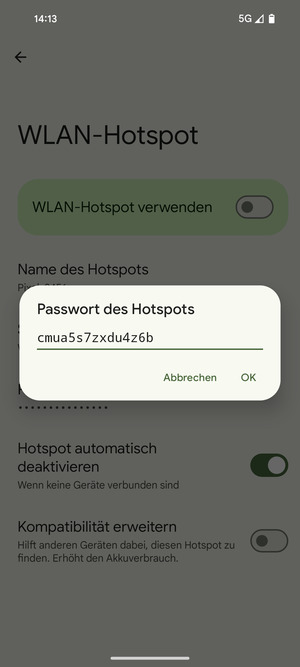 Geben Sie eine WLAN-Hotspot-Passwort mit mindestens 8 Zeichen ein und wählen Sie OK