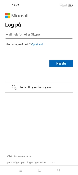 Indtast din e-mailadresse og vælg Næste