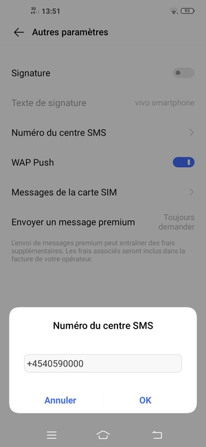 Saisissez le numéro du Numéro du centre SMS et sélectionnez OK