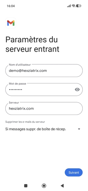 Saisissez votre Nom d'utilisateur et l'adresse du serveur entrant. Sélectionnez Suivant