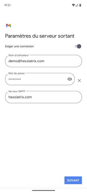 Saisissez l'adresse du serveur sortant et sélectionnez SUIVANT