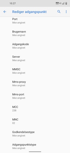 Scroll ned og indtast internet-oplysninger
