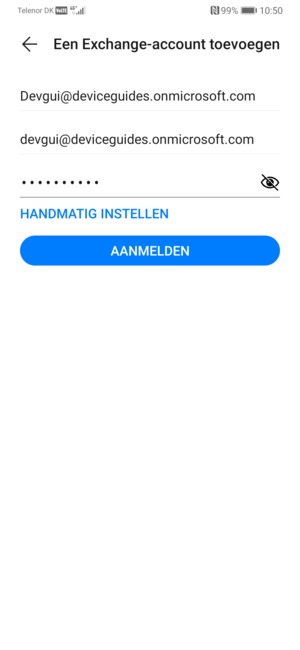 Voer uw e-mailadres, gebruikersnaam en wachtwoord in. Selecteer HANDMATIG INSTELLEN