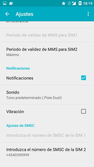 Desplácese y seleccione Introduzca el número de SMSC de la SIM 1 o Introduzca el número de SMSC de la SIM 2