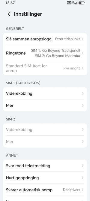 Bla til SIM 1 eller SIM 2 og velg Mer