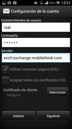 Introduzca Nombre de usuario y la dirección de servidor Exchange. Seleccione Siguiente