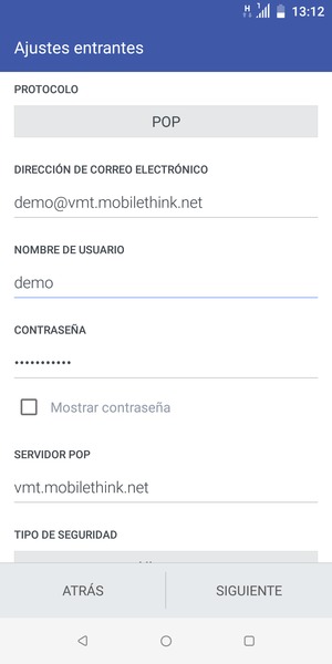 Introduzca Nombre de usuario y la dirección de servidor entrante. Seleccione SIGUIENTE