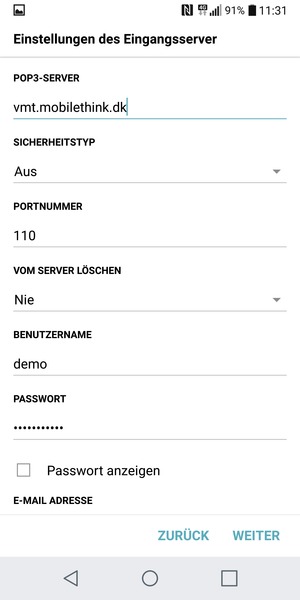 Geben Sie Eingang Server-Adresse und BENUTZERNAME ein. Wählen Sie WEITER