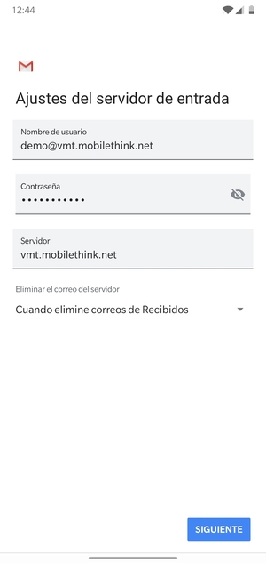 Introduzca Nombre de usuario y la dirección de servidor entrante. Seleccione SIGUIENTE