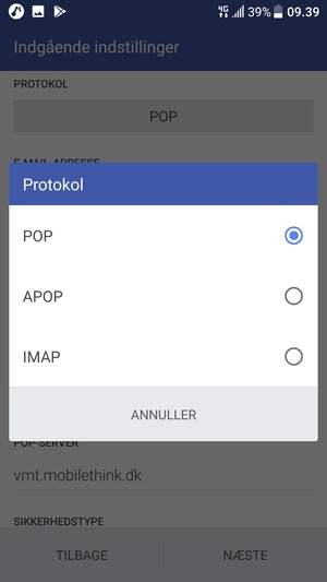 Vælg POP eller IMAP