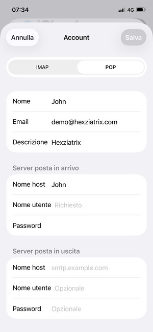 Seleziona IMAP o POP e inserisci le informazioni email per Server posta in arrivo