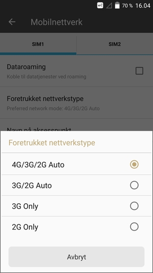 Velg ønsket alternativ