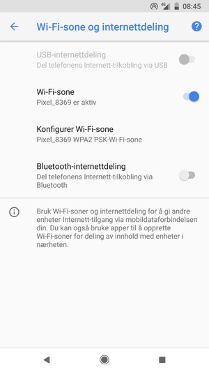 Telefonen din er konfigurert for bruk som et modem