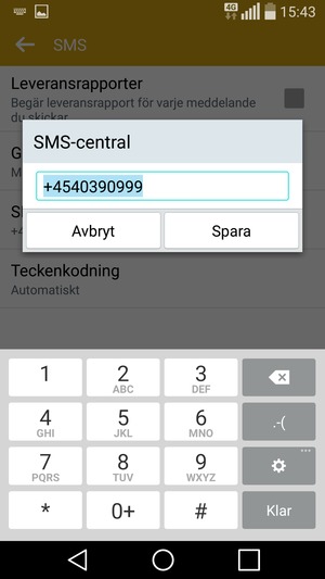 Ange SMS-central-numret och välj Spara