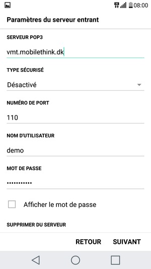 Saisissez l'adresse du serveur Entrant et le Nom d'utilisateur. Sélectionnez SUIVANT