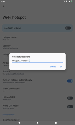 Enter a Wi-Fi hotspot password of at least 8 characters and select OK