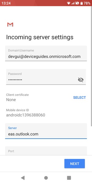 Enter Username and Exchange server address. Select NEXT