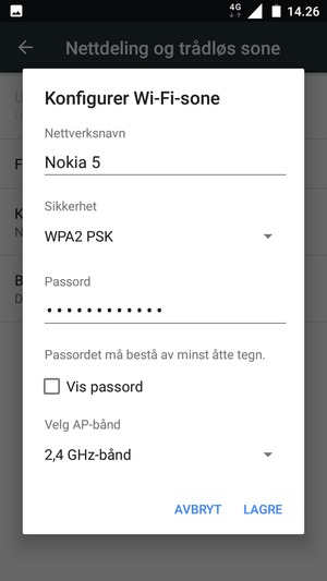 Skriv inn et Wi-Fi hotspot-passord på minst 8 tegn og velg LAGRE