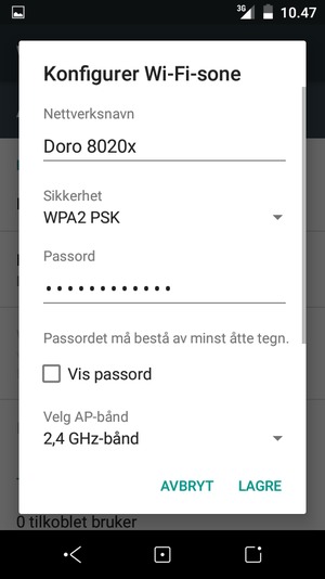 Skriv inn et Wi-Fi hotspot-passord på minst 8 tegn og velg LAGRE