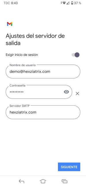 Introduzca la dirección de servidor saliente y seleccione SIGUIENTE
