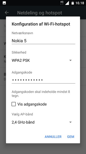 Indtast en Wi-Fi-hotspot adgangskode på minimum 8 tegn og vælg GEM