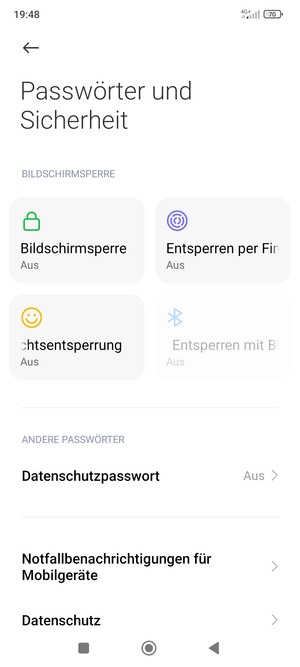 Um Ihre Bildschirmsperre zu aktivieren, gehen Sie zurück zum Passwörter und Sicherheit Menü und wählen Sie Bildschirmsperre