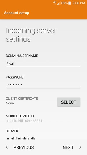 Enter USERNAME and Exchange server address. Select NEXT