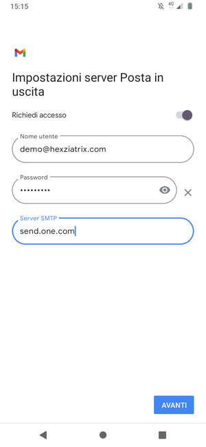 Inserisci l'indirizzo del server di posta in uscita. Seleziona AVANTI