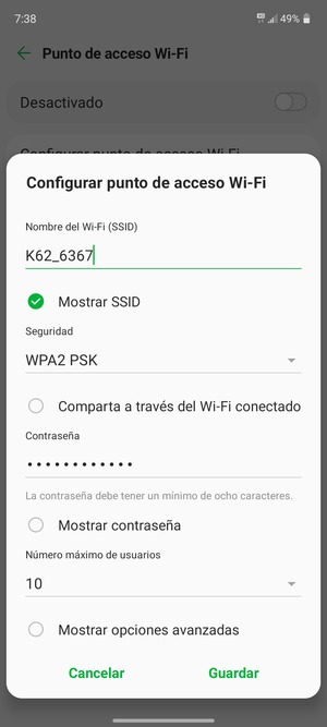Introduzca una contraseña de punto de acceso Wi-Fi de al menos 8 caracteres y seleccione Guardar