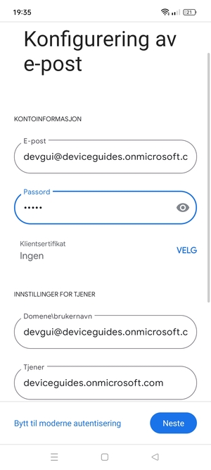 Skriv inn Brukernavn og Exchange serveradresse. Velg Neste