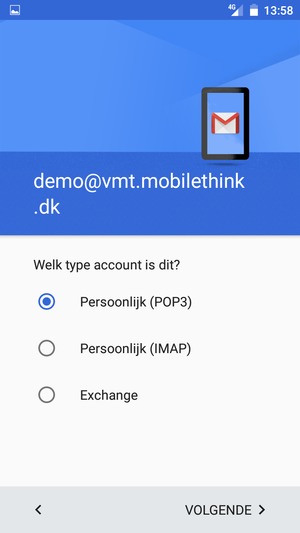Selecteer Persoonlijk (POP3) of Persoonlijk (IMAP) en selecteer VOLGENDE