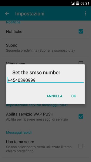 Inserisci SMSC number e seleziona OK