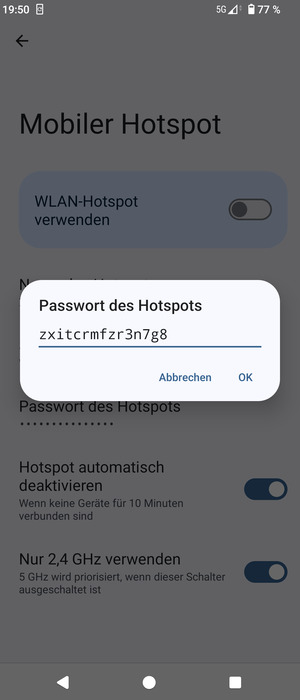 Geben Sie eine WLAN-Hotspot-Passwort mit mindestens 8 Zeichen ein und wählen Sie OK
