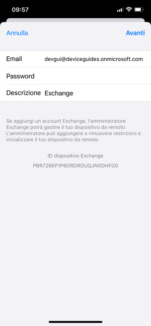 Inserisci informazioni email di Exchange e seleziona Avanti
