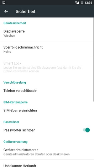 Um Ihre Bildschirmsperre zu aktivieren, gehen Sie zum Sicherheit / Sicherheit & Fingerabdruck Menü und wählen Sie  Displaysperre