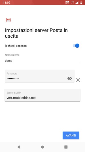 Inserisci l'indirizzo del server di posta in uscita