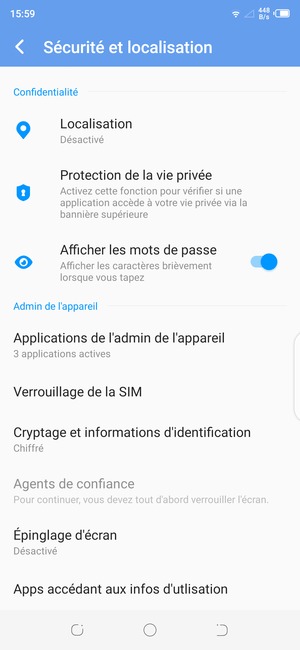 Pour modifier le code PIN de la carte SIM, retournez dans le menu Sécurité et localisation et sélectionnez Verrouillage de la SIM