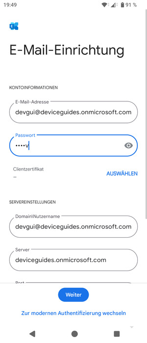 Geben Sie Benutzername und Exchange Server-Adresse ein. Wählen Sie Weiter