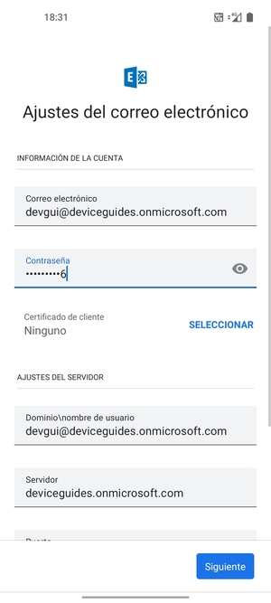 Introduzca Nombre de usuario y la dirección de servidor Exchange. Seleccione Siguiente