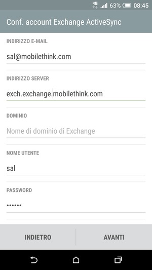 Inserisci l'indirizzo del server Exchange e Nome utente. Seleziona AVANTI