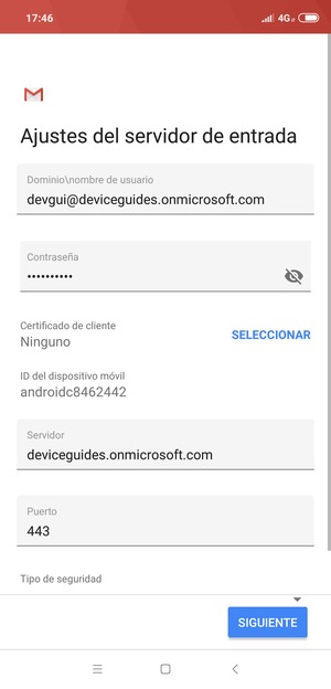 Introduzca Nombre de usuario y la dirección de servidor Exchange. Seleccione SIGUIENTE