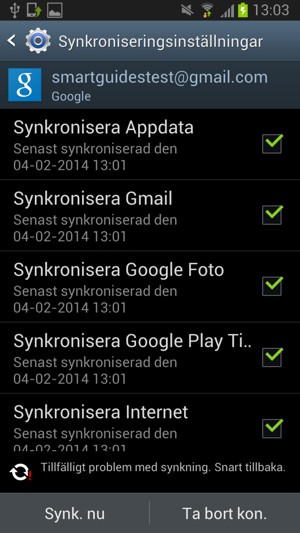 Kryssa i alla rutor och välj Synk. nu